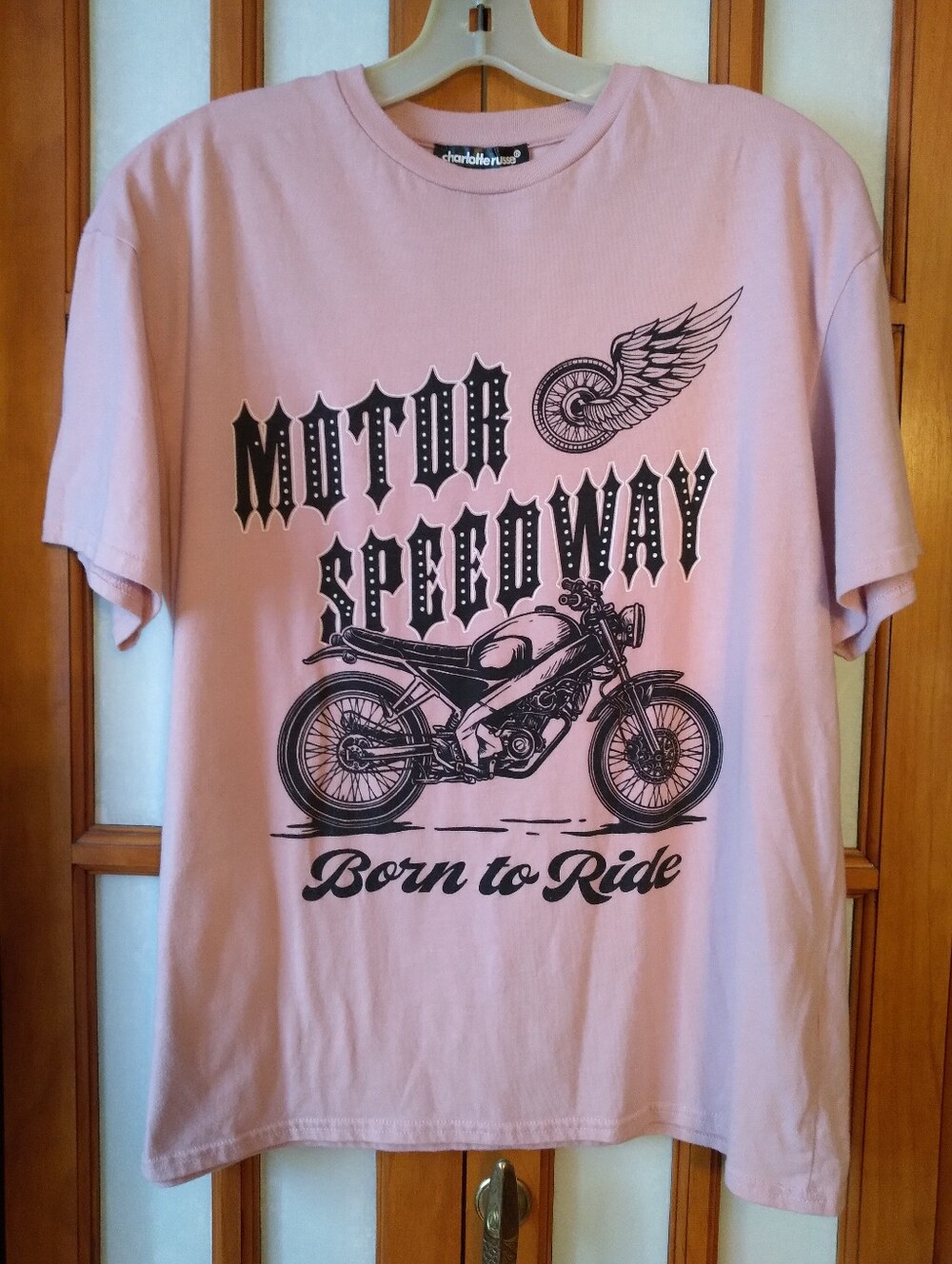 Women's Pink &Black Motorcycle Theme T Shirt By Charlotte Russe Sz M